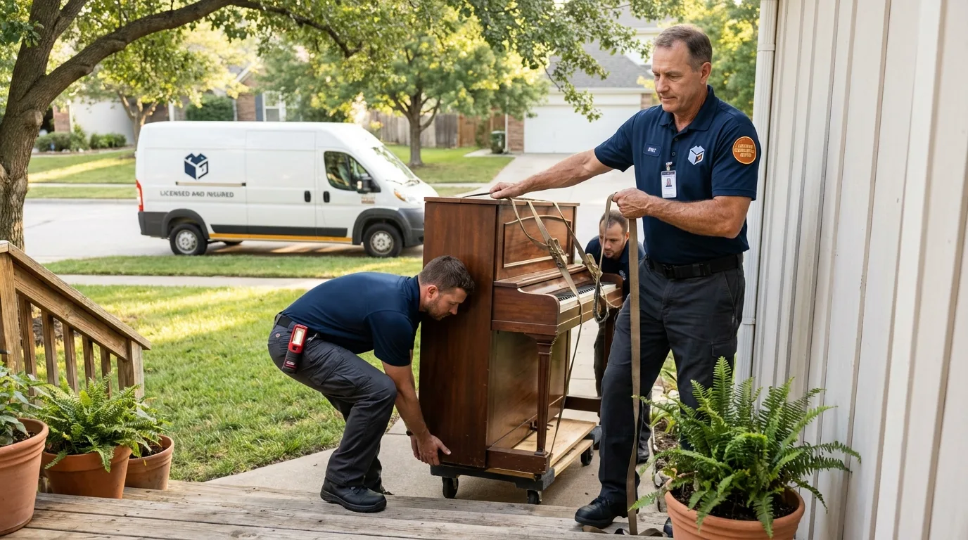 Licensed piano movers securing grand piano in Aurora, CO