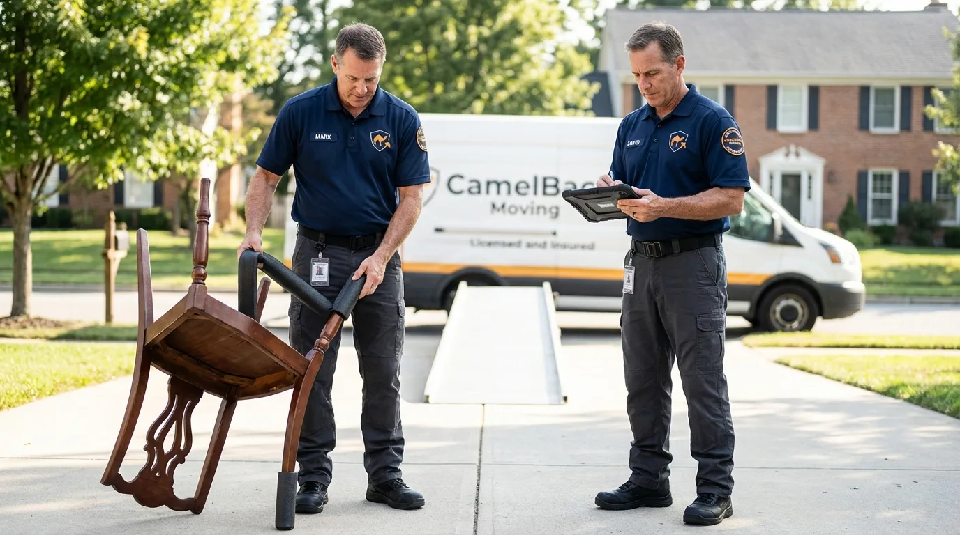 Movers inspecting furniture for damage prevention before loading in Aurora, CO